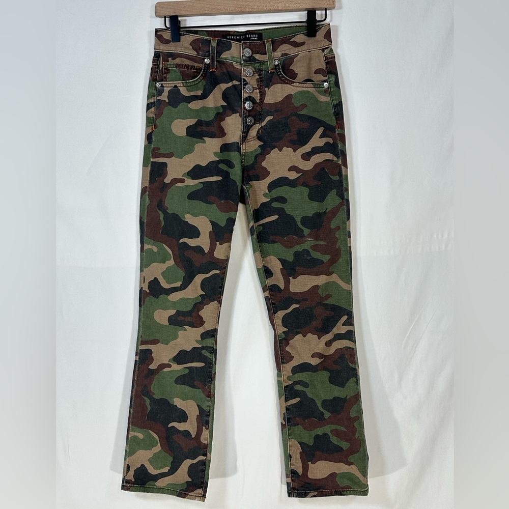 VERONICA BEARD Size 26 Carly Kick Flare High Rise Jeans Camo Green Cotton Pants